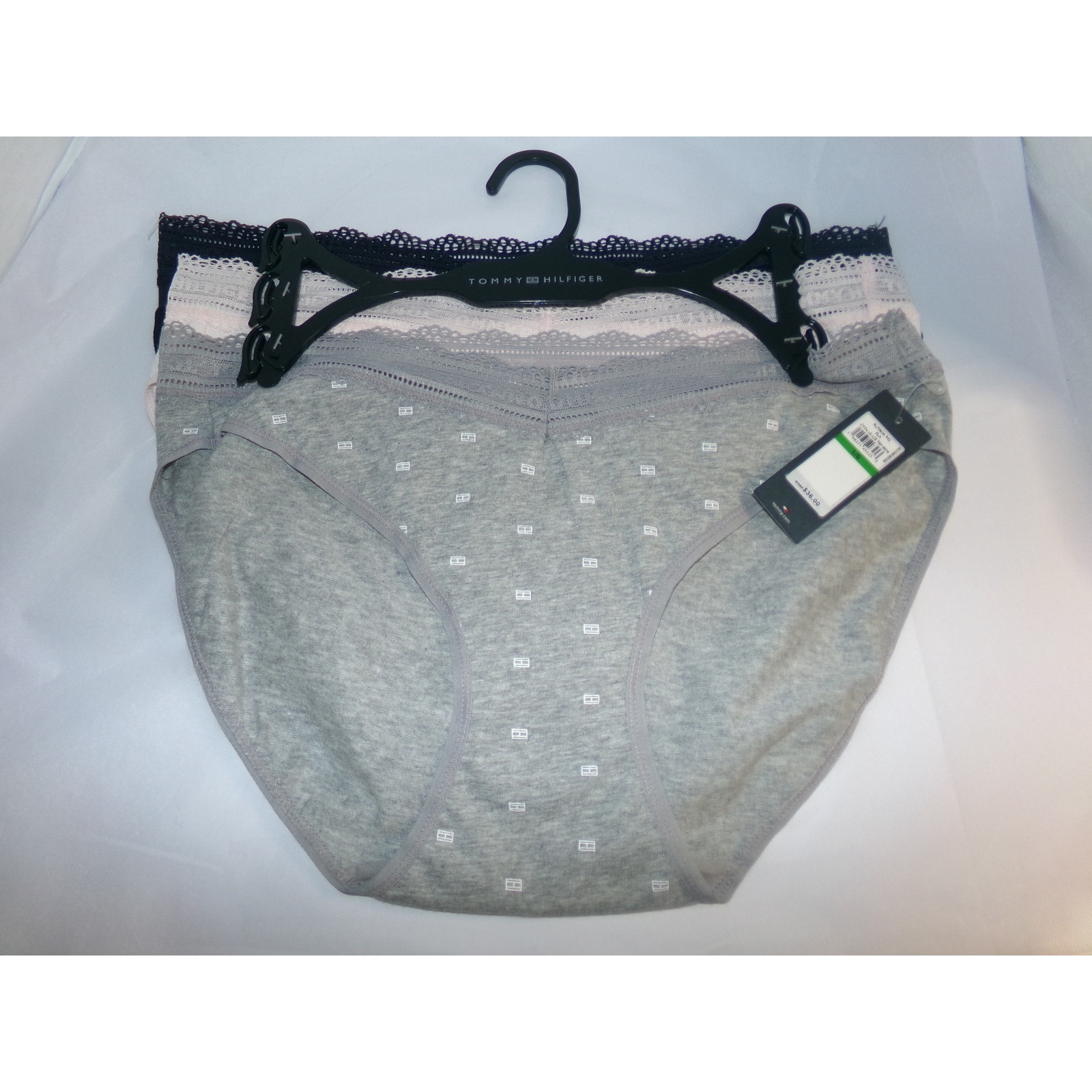 Tommy Hilfiger 3 Pack Bikini Underwear Lace Waist Gray Pink Navy Blue Large Nwt